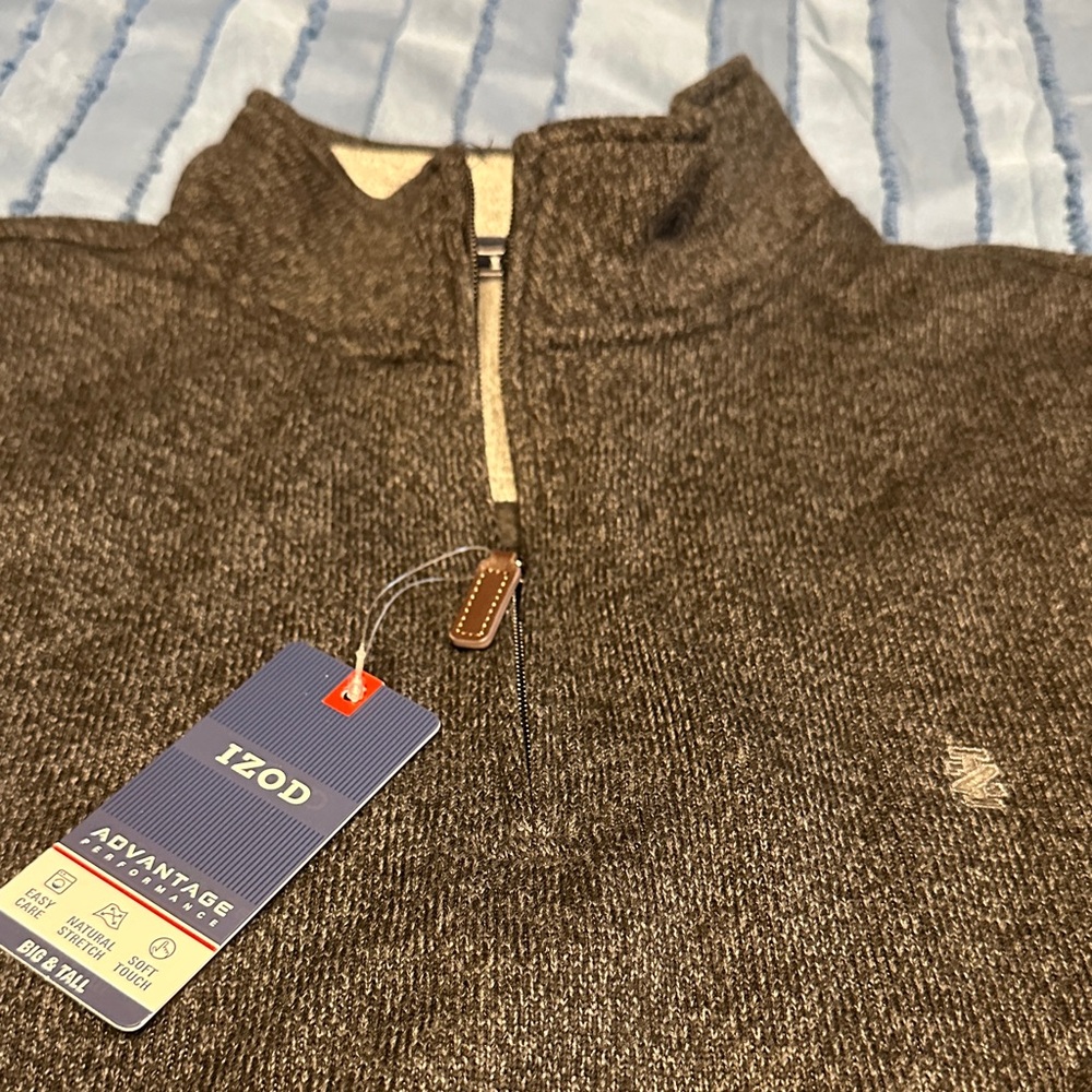 Izod Men's Zip Mock Neck Sweater in Brown Heather - Picture 5 of 6